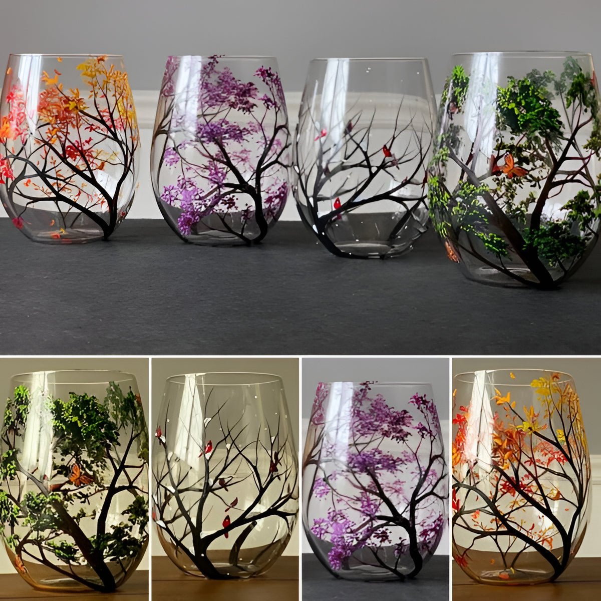 Four Seasons Tree Wine Glasses – Hand Painted Art - Coldesk