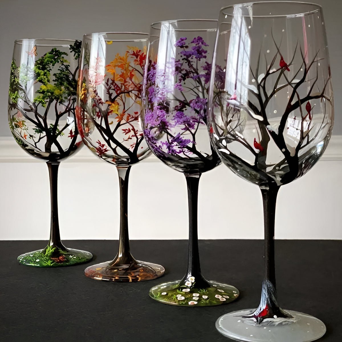 Four Seasons Tree Wine Glasses – Hand Painted Art - Coldesk