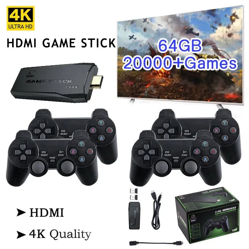 HDMI 4K TV Game Stick Console | 64GB with 20,000+ Retro Games & 2 Wireless Gamepads - Coldesk
