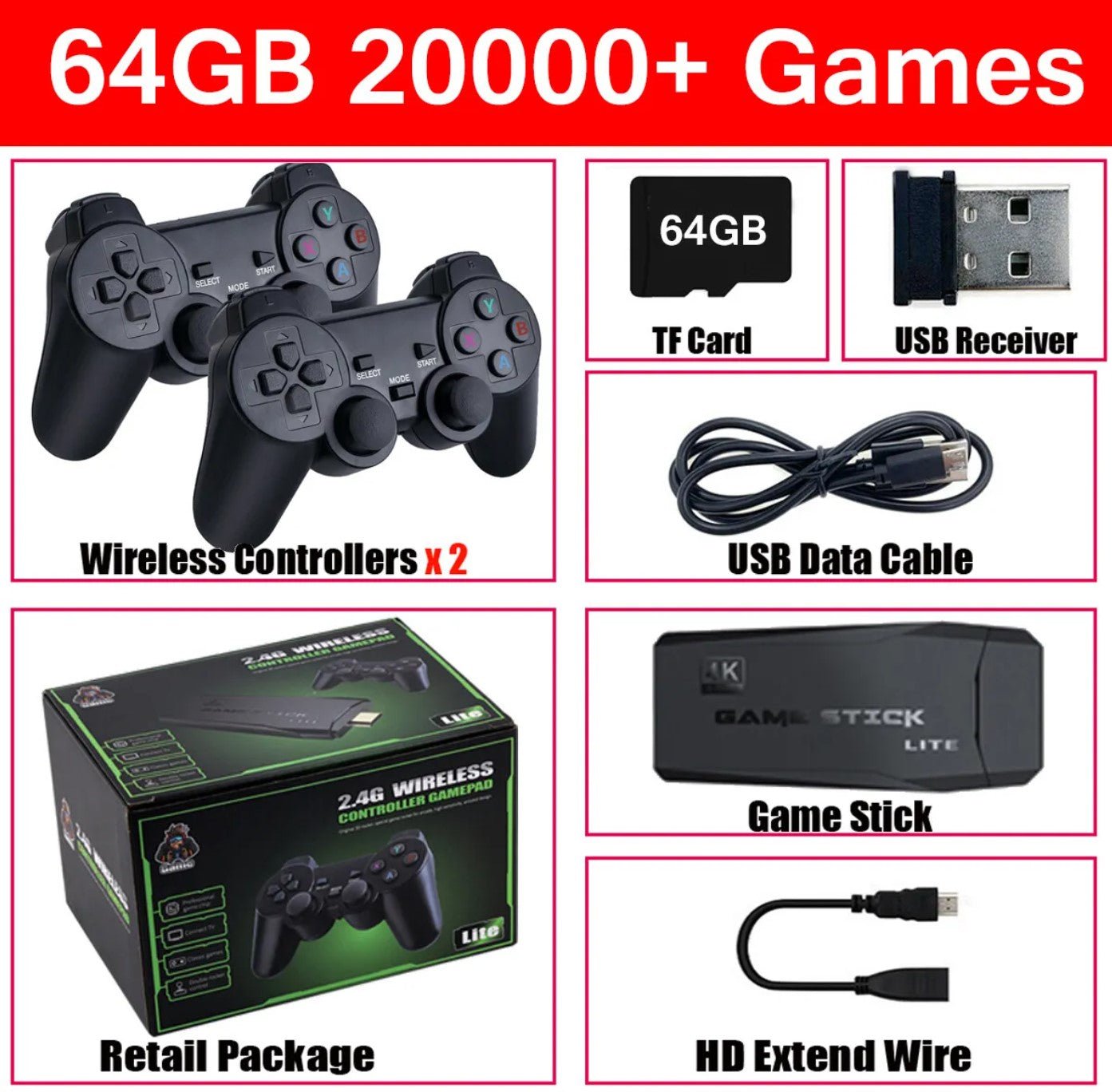 HDMI 4K TV Game Stick Console | 64GB with 20,000+ Retro Games & 2 Wireless Gamepads - Coldesk
