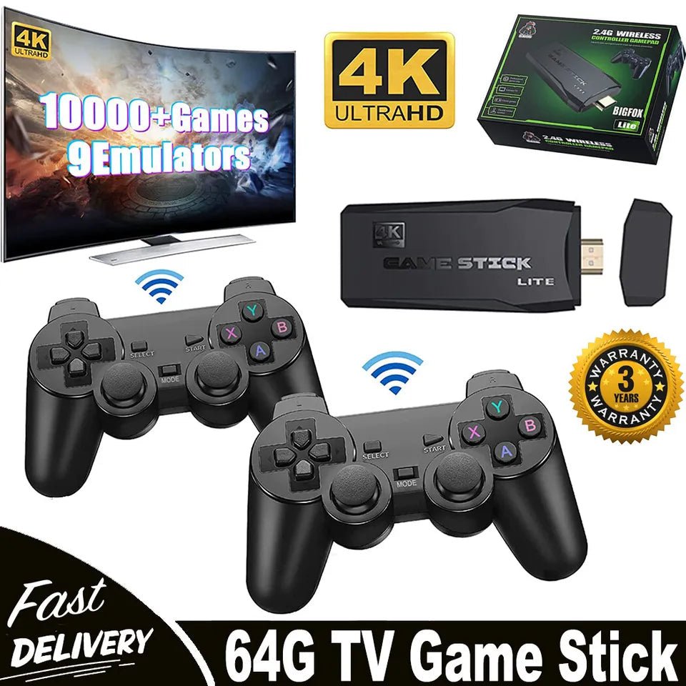 HDMI 4K TV Game Stick Console | 64GB with 20,000+ Retro Games & 2 Wireless Gamepads - Coldesk