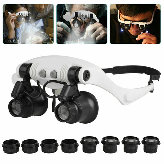 Headband Head Magnifier 8 Lens LED Light Jeweler Glasses - Coldesk