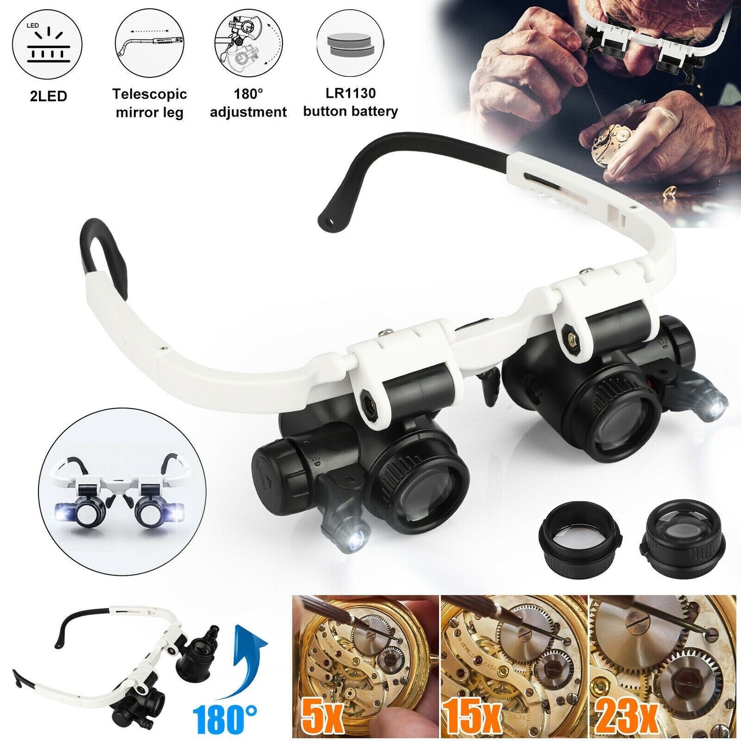 Headband Head Magnifier 8 Lens LED Light Jeweler Glasses - Coldesk