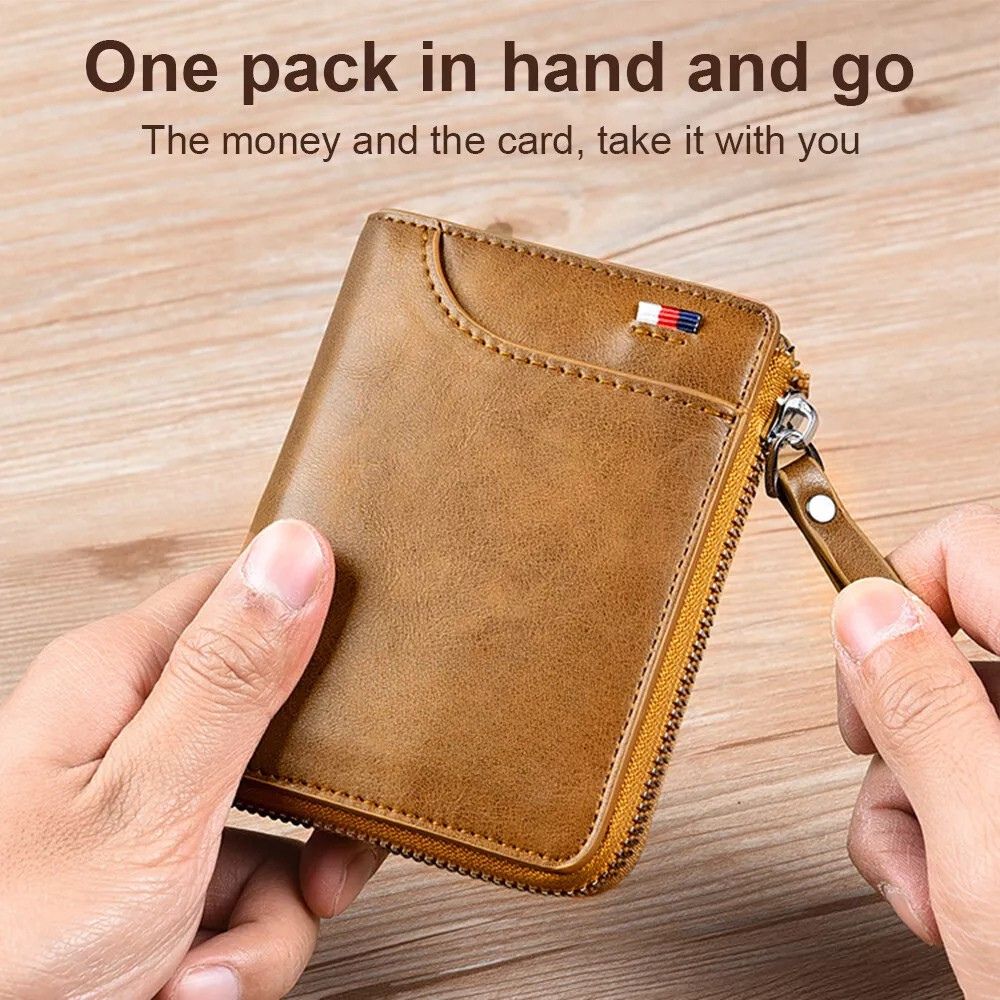 Men’s RFID Blocking Wallet with Zipper Multi Credit Card Holder Khaki + Brown + Black - Coldesk