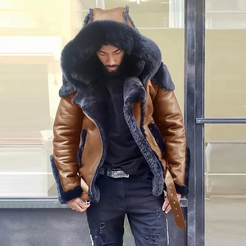 Sheepskin Leather Jacket | Man Winter Fur Hood Coat Motorcycle Jackets - Coldesk
