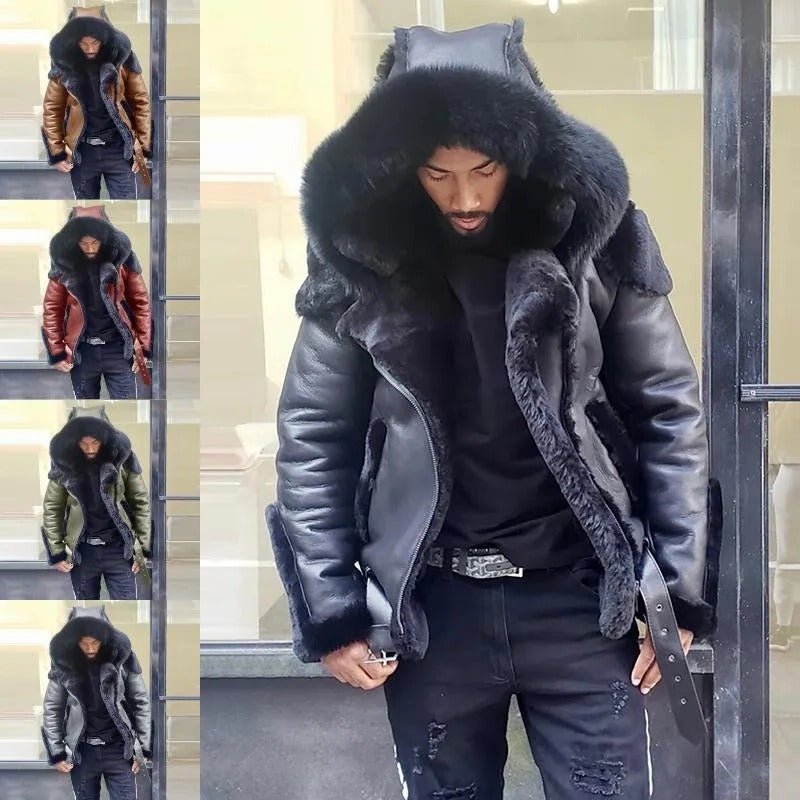 Sheepskin Leather Jacket | Man Winter Fur Hood Coat Motorcycle Jackets - Coldesk