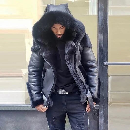 Sheepskin Leather Jacket | Man Winter Fur Hood Coat Motorcycle Jackets - Coldesk