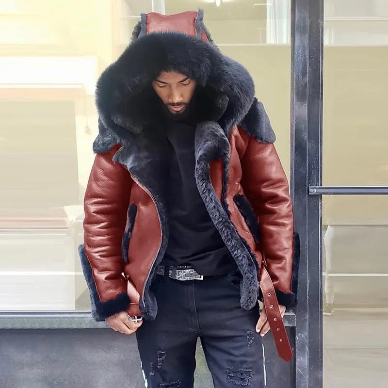 Sheepskin Leather Jacket | Man Winter Fur Hood Coat Motorcycle Jackets - Coldesk