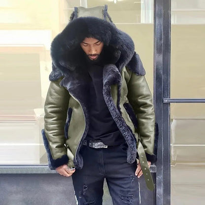 Sheepskin Leather Jacket | Man Winter Fur Hood Coat Motorcycle Jackets - Coldesk