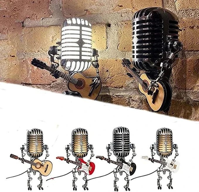 Vintage Metal Microphone Robot With Guitar Lamp - Coldesk
