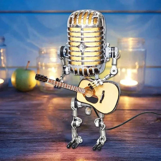 Vintage Metal Microphone Robot With Guitar Lamp - Coldesk