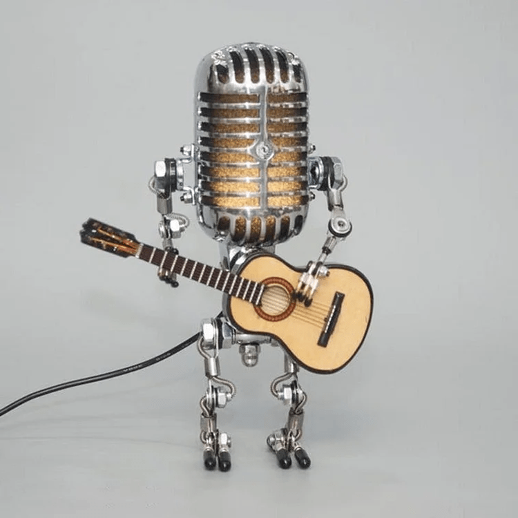 Vintage Metal Microphone Robot With Guitar Lamp - Coldesk